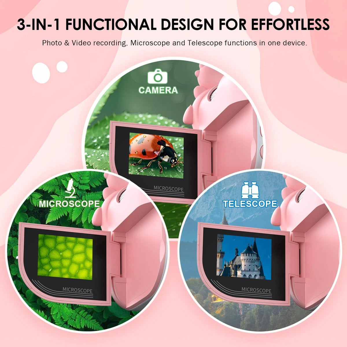 Zynoscope Microscope for Kids 1000X Magnification, 3-in-1 Handheld Pink