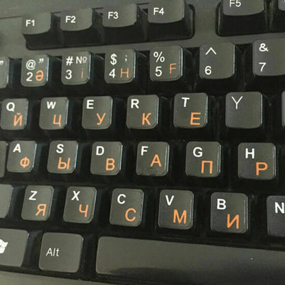 2Pcs Plastic Russian Standard Keyboard Layout Sticker Orange Letters on Black.