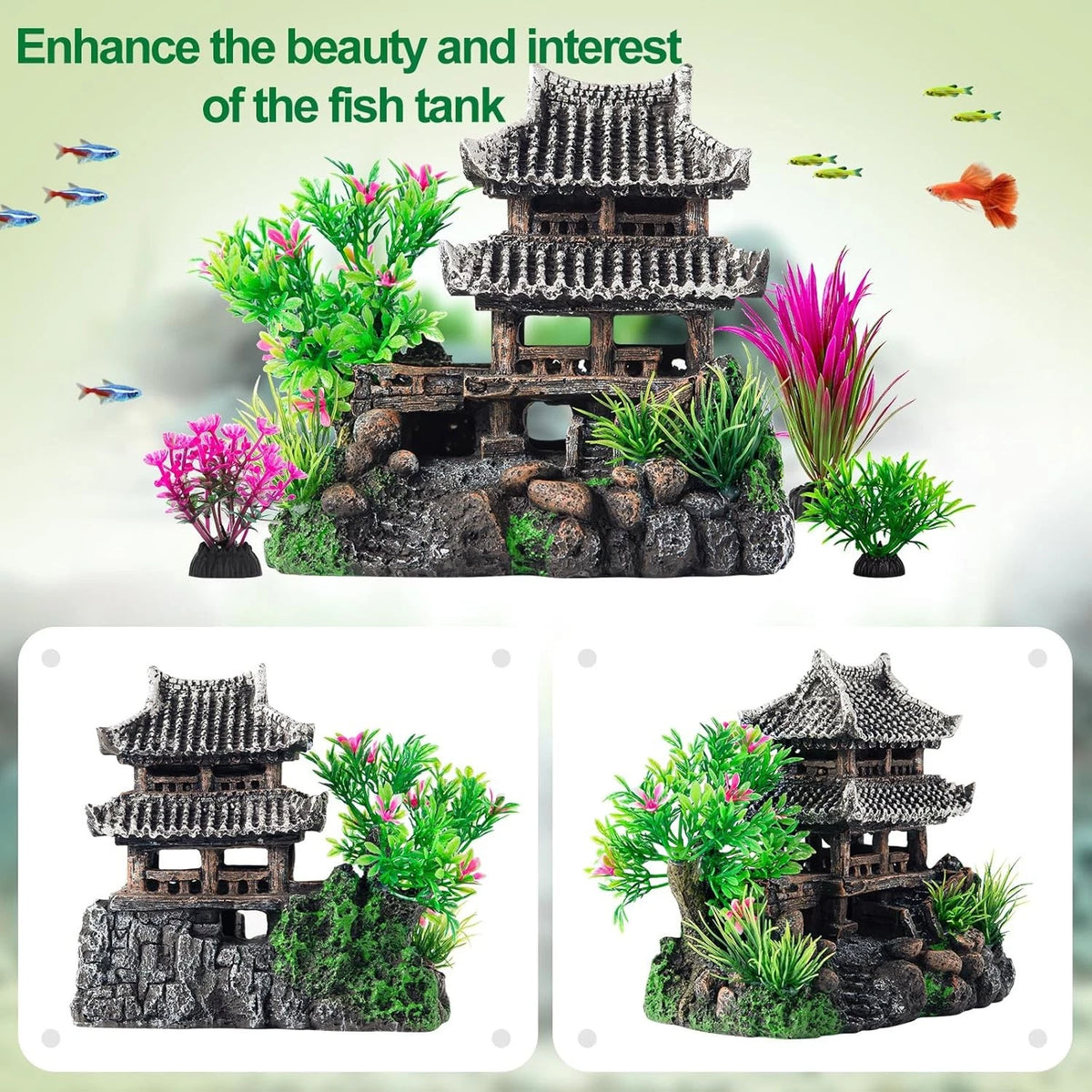 CousDUoBe 9Pcs Resin Castle Decorations Set，Realistic Fish Tank Gray