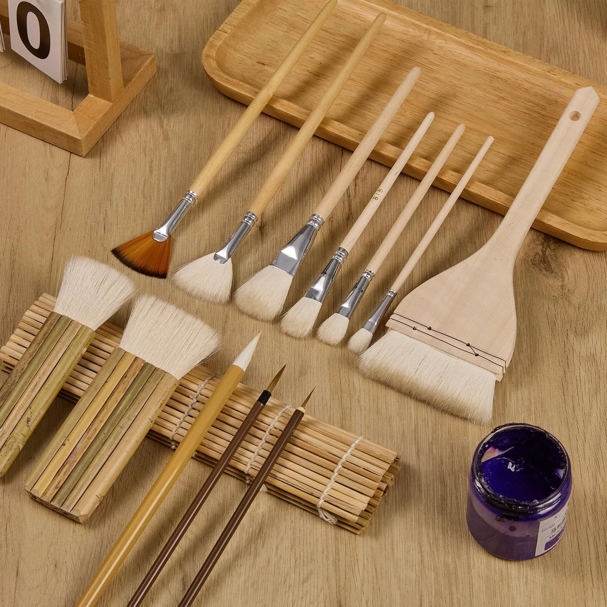 12 PCS Pottery Glaze Brushes Set with Goat Hair & Hake Beige