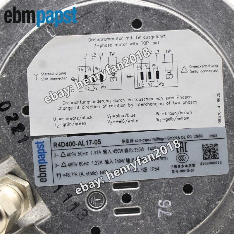 Ebmpapst R4D400-AL17-05 AC 400/480V 450/740W Centrifugal Cabinet Cooling Fan
