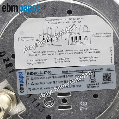 Ebmpapst R4D400-AL17-05 AC 400/480V 450/740W Centrifugal Cabinet Cooling Fan