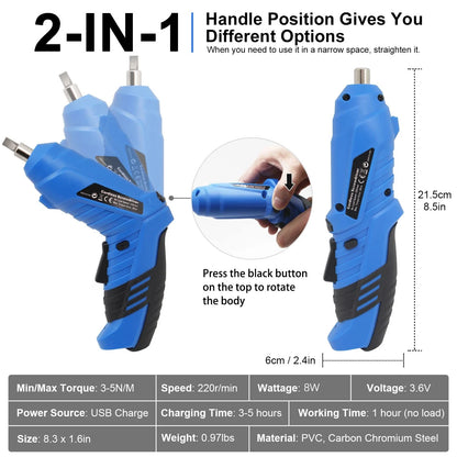 Blue Cordless Electric Screwdriver Set, 3.7V Rechargeable Small