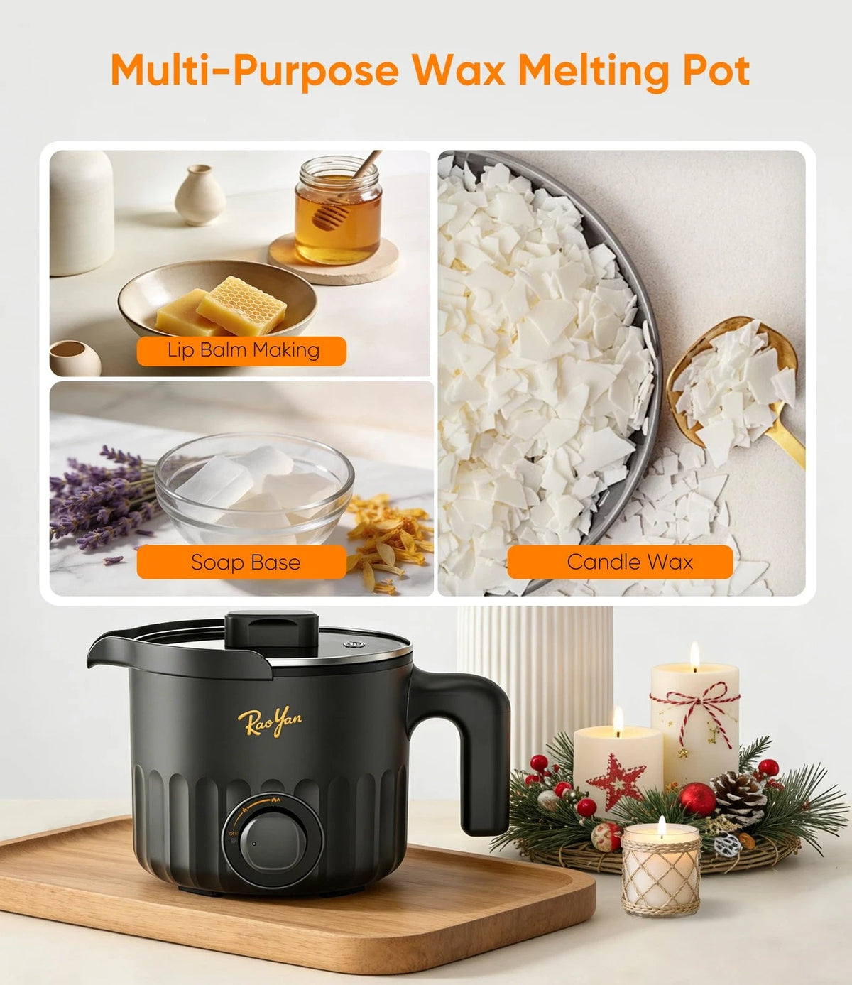RAOYAN 1.5L Electric Wax Melter with Pouring Spout, Nonstick Large Black