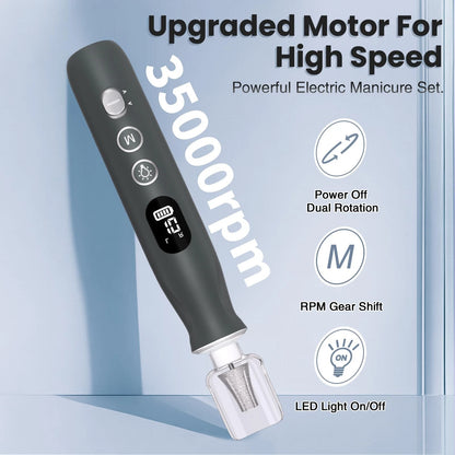 Electric Nail Drill, Cordless 2000 mAh Rechargeable Portable File Grey
