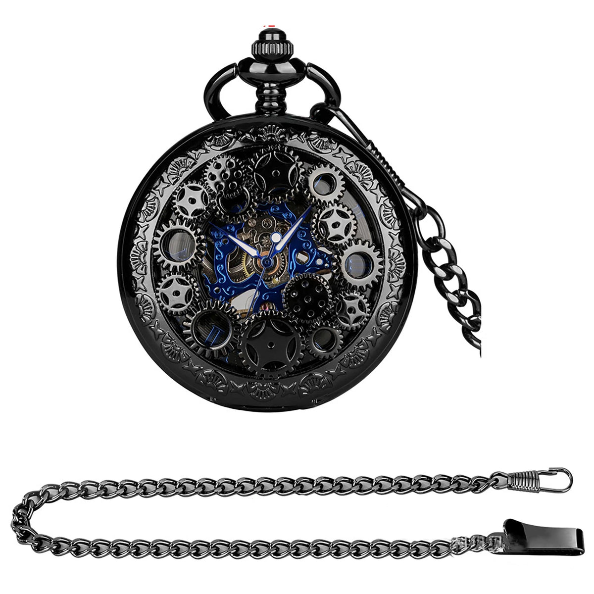 Mens Skeleton Mechanical Pocket Watch Hollow half Hunter Pocket Watch with Chain