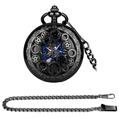 Mens Skeleton Mechanical Pocket Watch Hollow half Hunter Pocket Watch with Chain