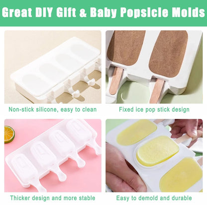 2 Pack Silicone Popsicle Molds，Oval 4 Cavities Homemade Ice Pop Small, White