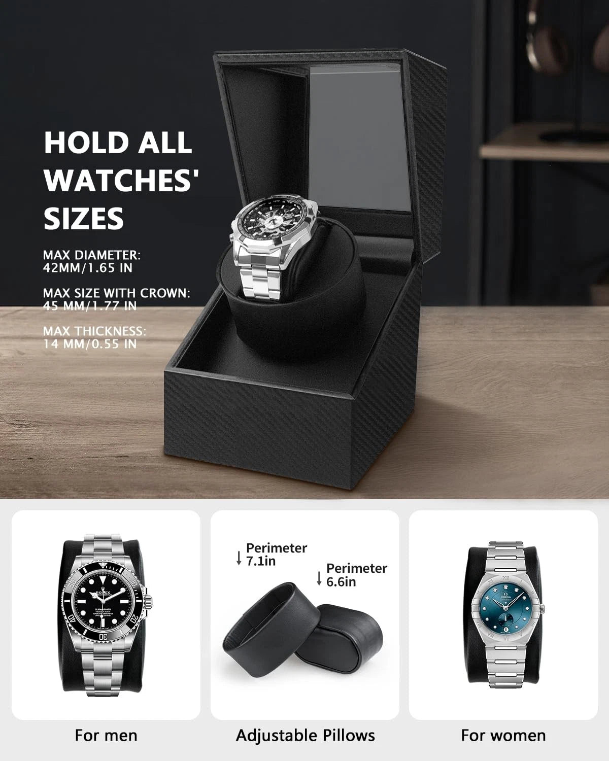 Watch Winder for Automatic Watches: Black Carbon Fiber Leather