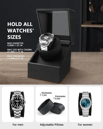 Watch Winder for Automatic Watches: Black Carbon Fiber Leather
