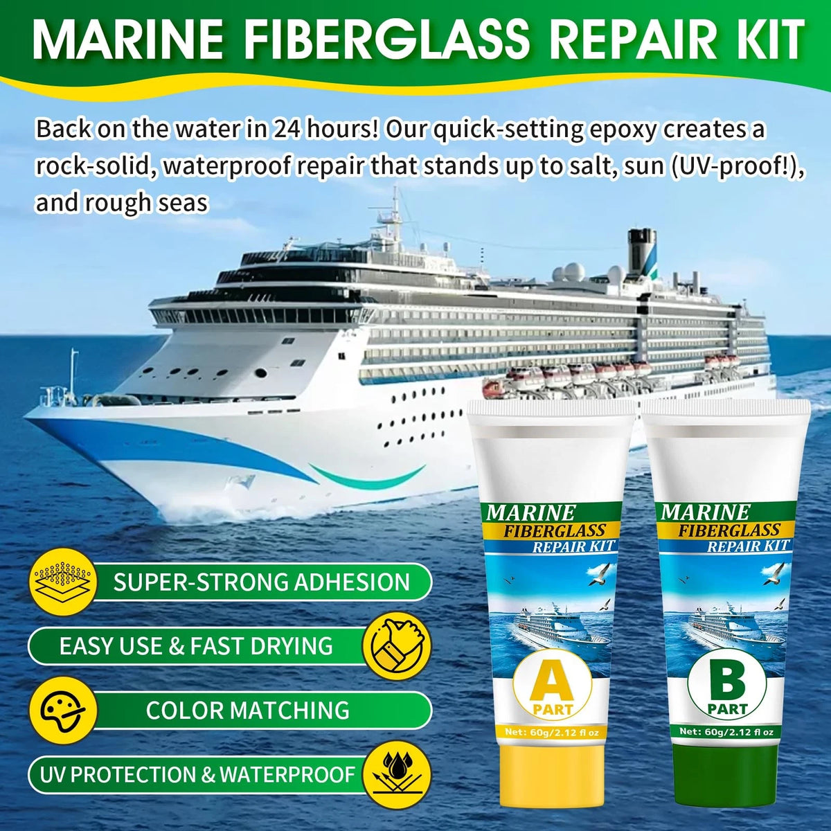 GLOWPOINT Marine Fiberglass Repair Kit, 4.2 oz Gel Coat Kit for White