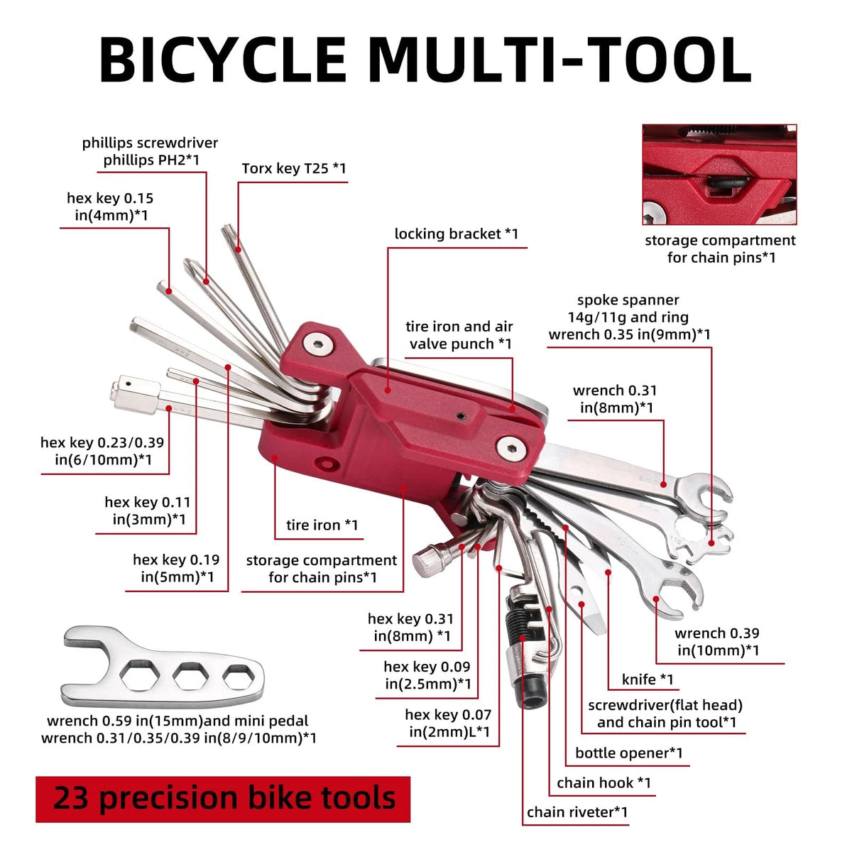 BONNEAIDE 21 Bike Repair Multitool Kit with Carry Case, Portable Silver, Red
