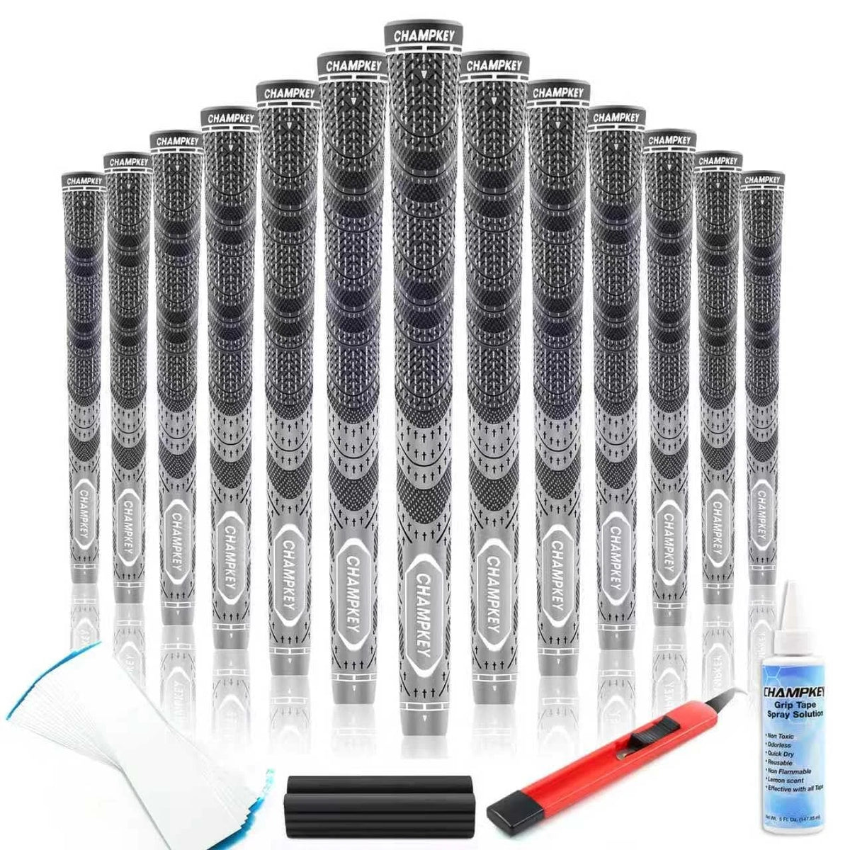 CHAMPKEY Premium Hybrid Golf Grips 13 Pack with All Repair Kits Midsize, Gray