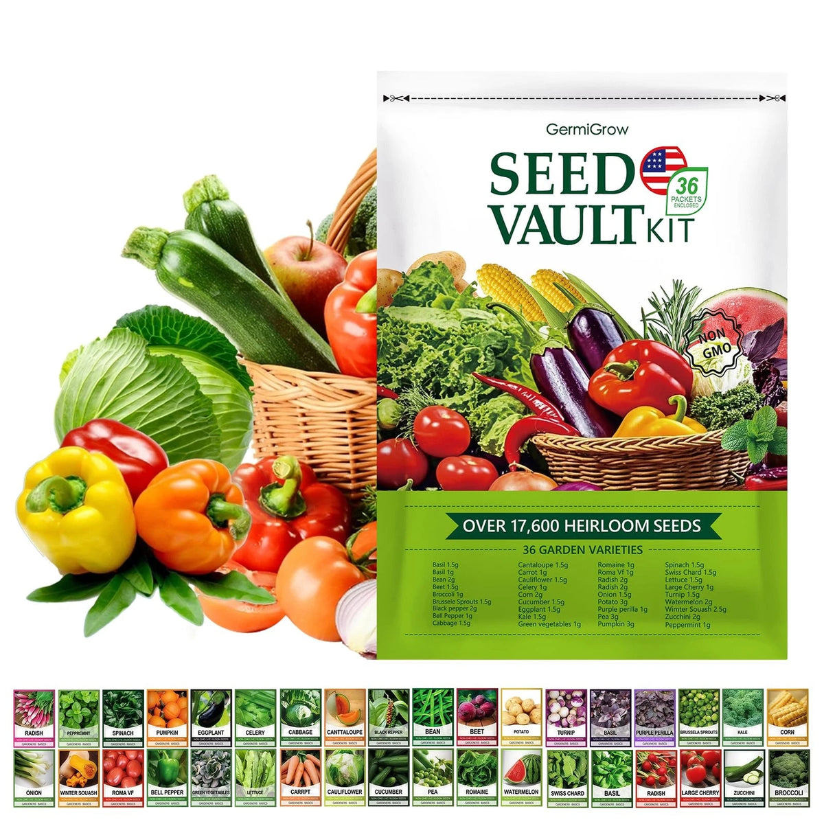 GermiGrow 36 Vegetable Variety Pack - 17,600+ Non-GMO Heirloom Seeds Yellow