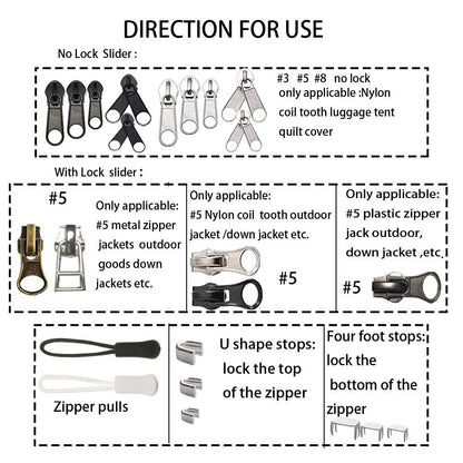 JOSDIOX 255 Pcs Zipper Repair Kit with 255 pieces, black silvery bronze white