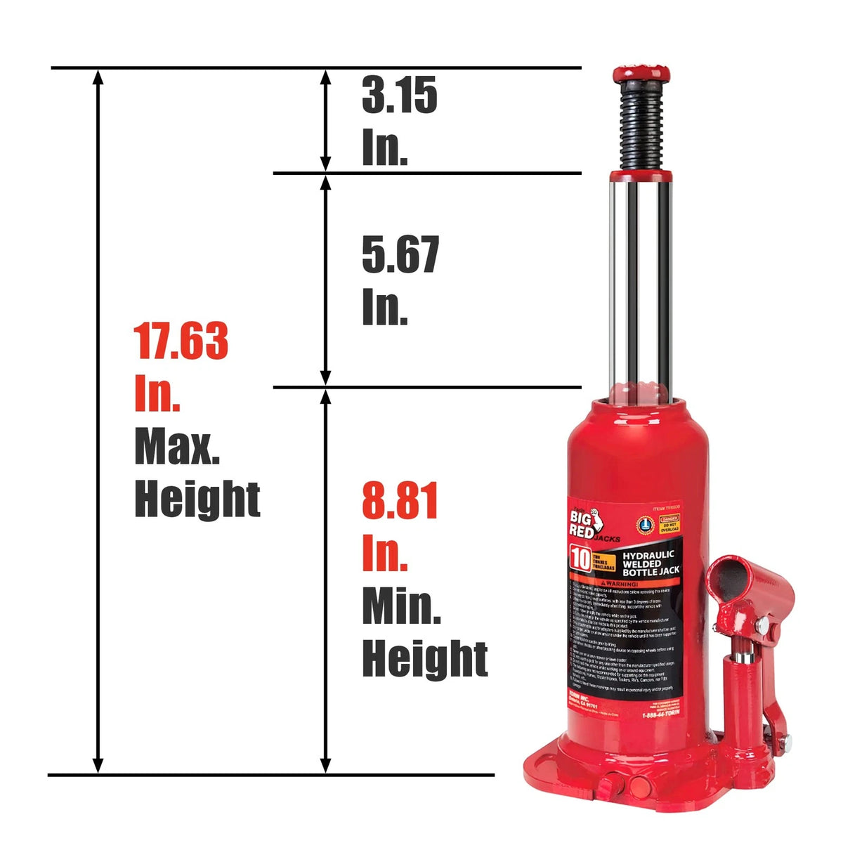 BIG RED T91003B Torin Hydraulic Welded Bottle Jack, 10 Ton 10 Ton, Red