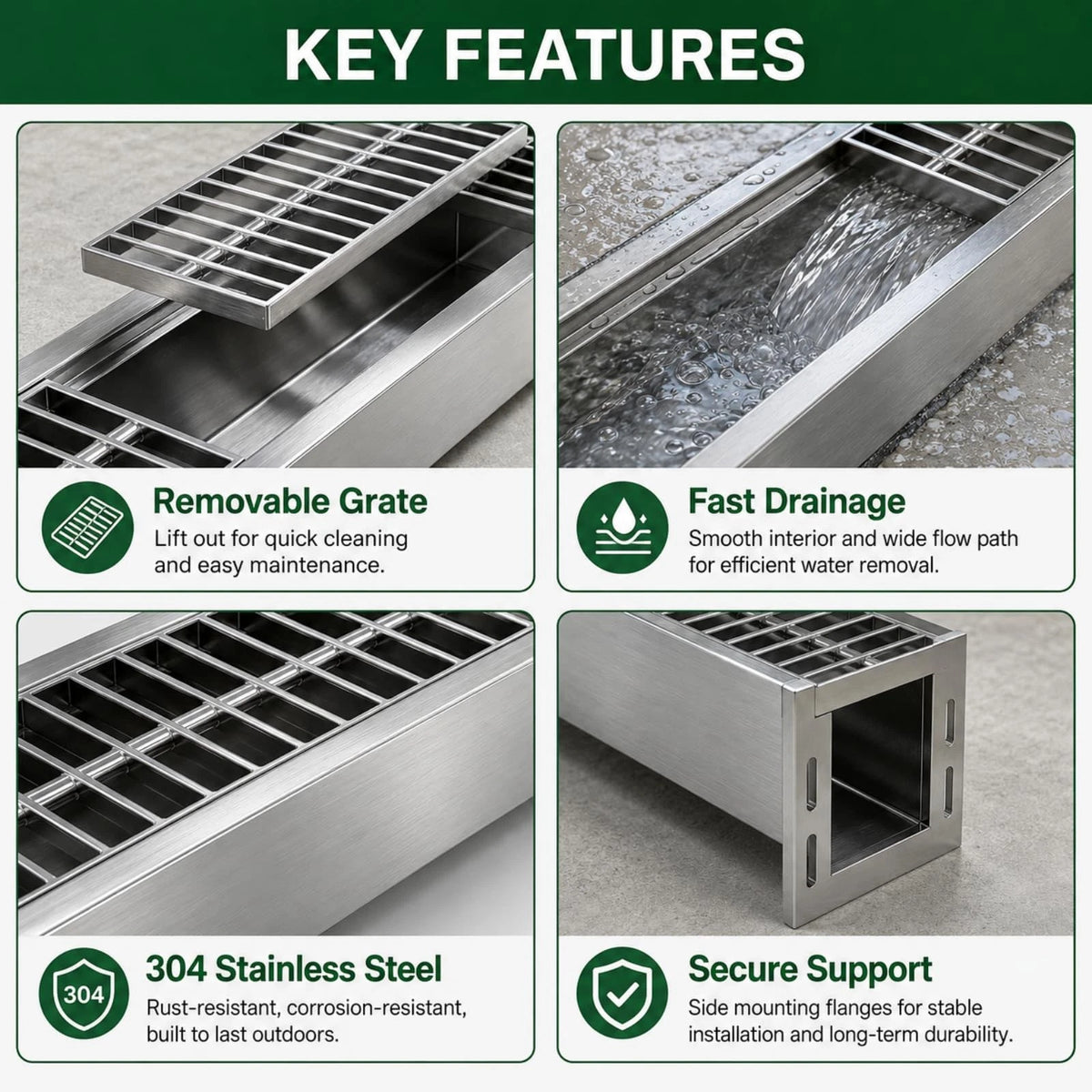 304 Stainless Steel Channel Drain Kit, 39.4x6.1x5.9in, Silver