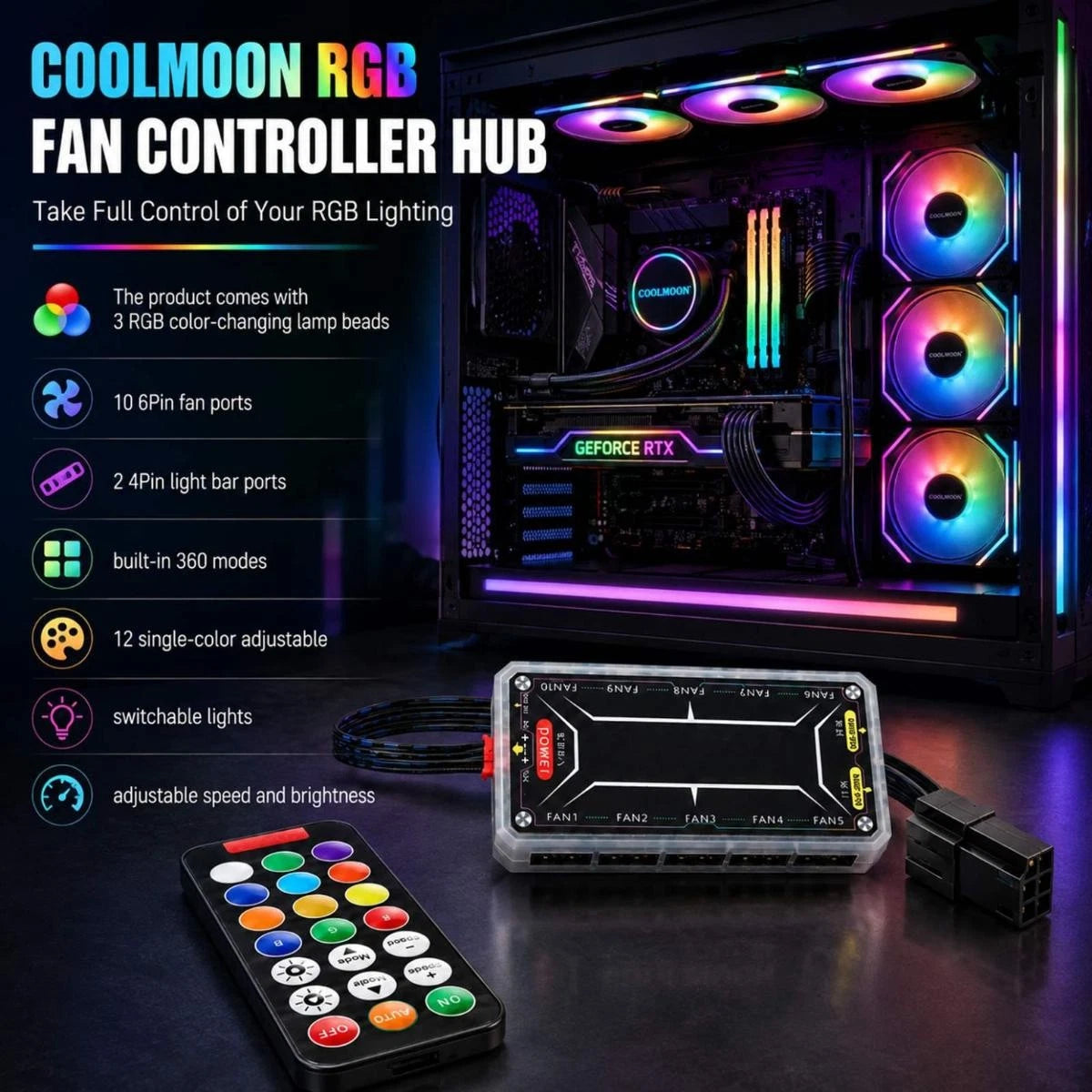 Adjustable RGB Light Fan Controller Remote Control Computer Case Hub Adapter Kit