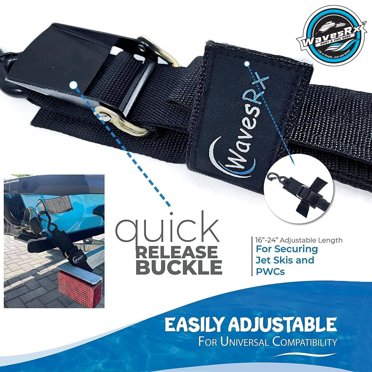 WavesRx Premium Boat & Jet Ski Trailer Transom Tie Down Straps 2"x24", Black