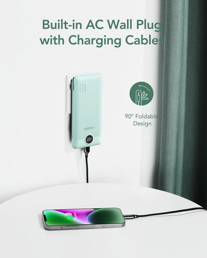 VEGER Portable Charger with Built-in AC Plug and Cables, All in One Green