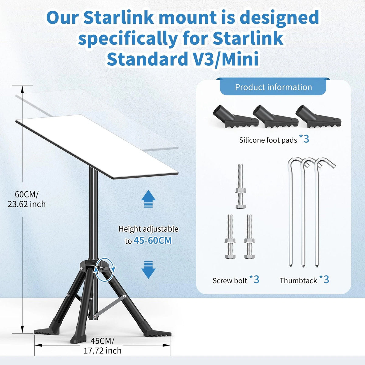 Starlink Gen 3/ Mini Tripod Stand with Pipe Adapter, Outdoor Black