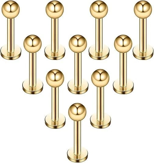 Solala 8pcs 16G Stainless Steel 3mm Ball Labret 6mm, 8mm, 10mm, 12mm, Gold