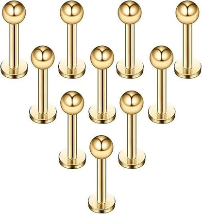 Solala 8pcs 16G Stainless Steel 3mm Ball Labret 6mm, 8mm, 10mm, 12mm, Gold