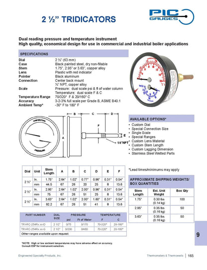 PIC Gauges TRI-RC-254R1.75-D Commercial Tridicator, Black Steel Case, Bronze...