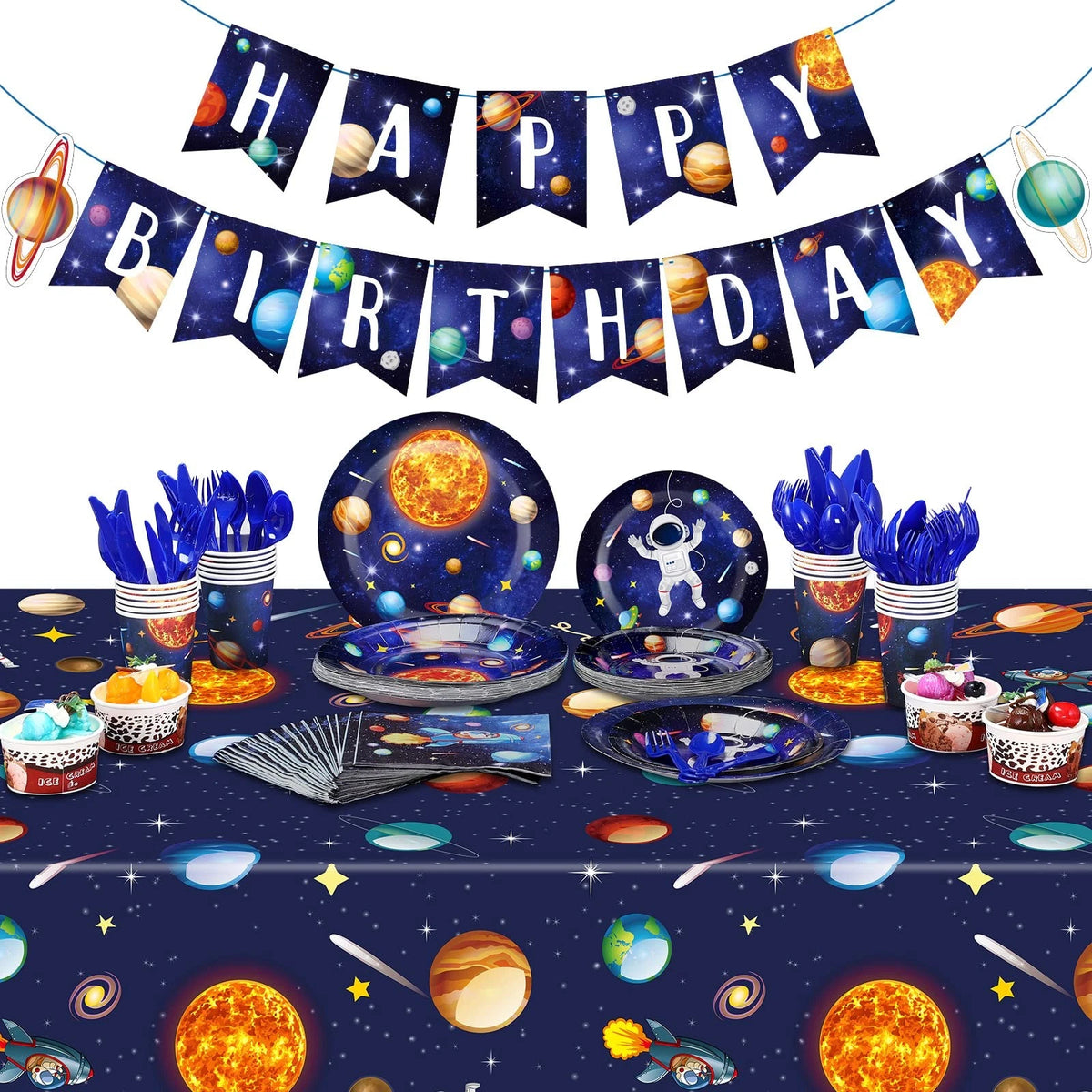 Outer Space Birthday Party Supplies Serve 24 Tableware Set, Blue