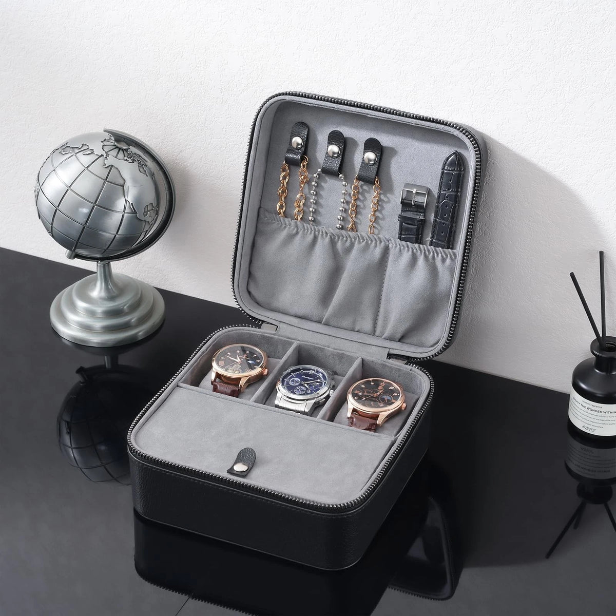 ProCase Travel Watch Case, 3 Slots PU Leather Mens Jewelry Box, 3-Slot, Black