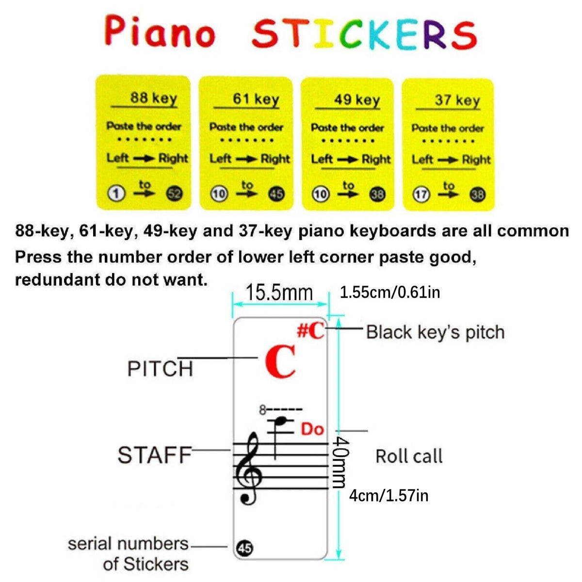 37/49/61/88 Key Universal Piano Learning Music Keyboard Sticker Note Removable