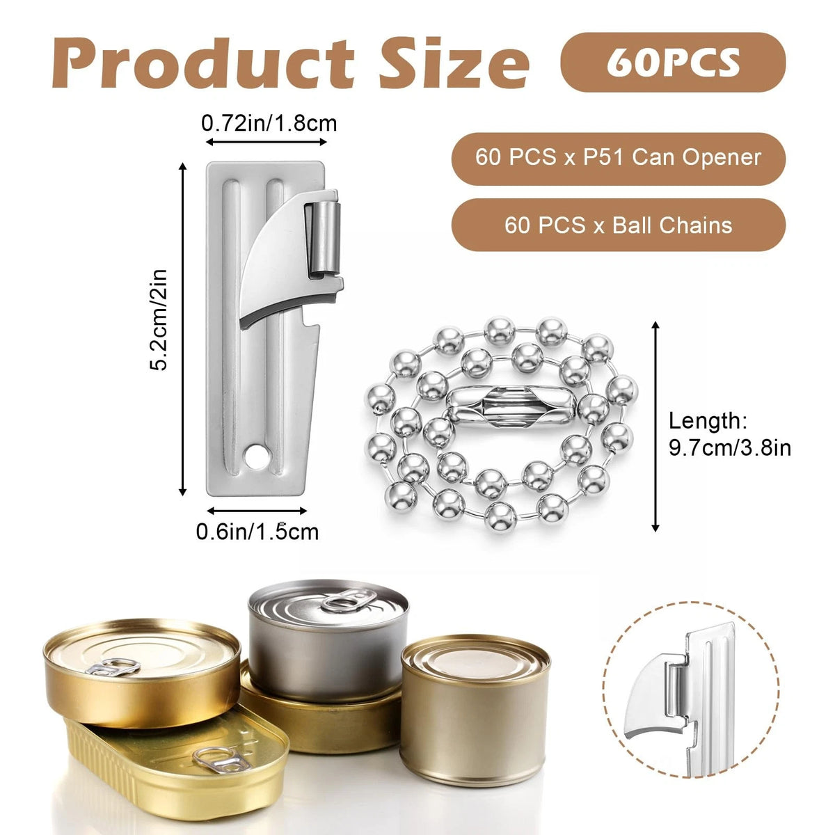 Bulk 60 Pack P-51 Can Openers with Chains - Stainless Steel P51, Silver