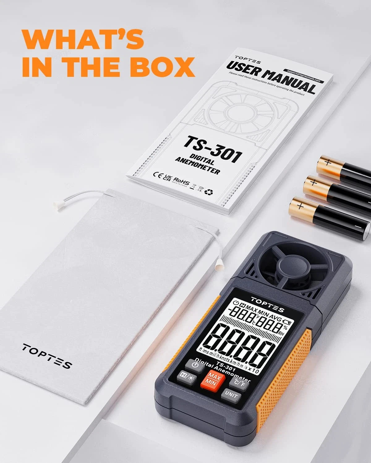 TopTes TS-301 Digital Anemometer, Wind Speed Meter with 2.26-inch Big Orange