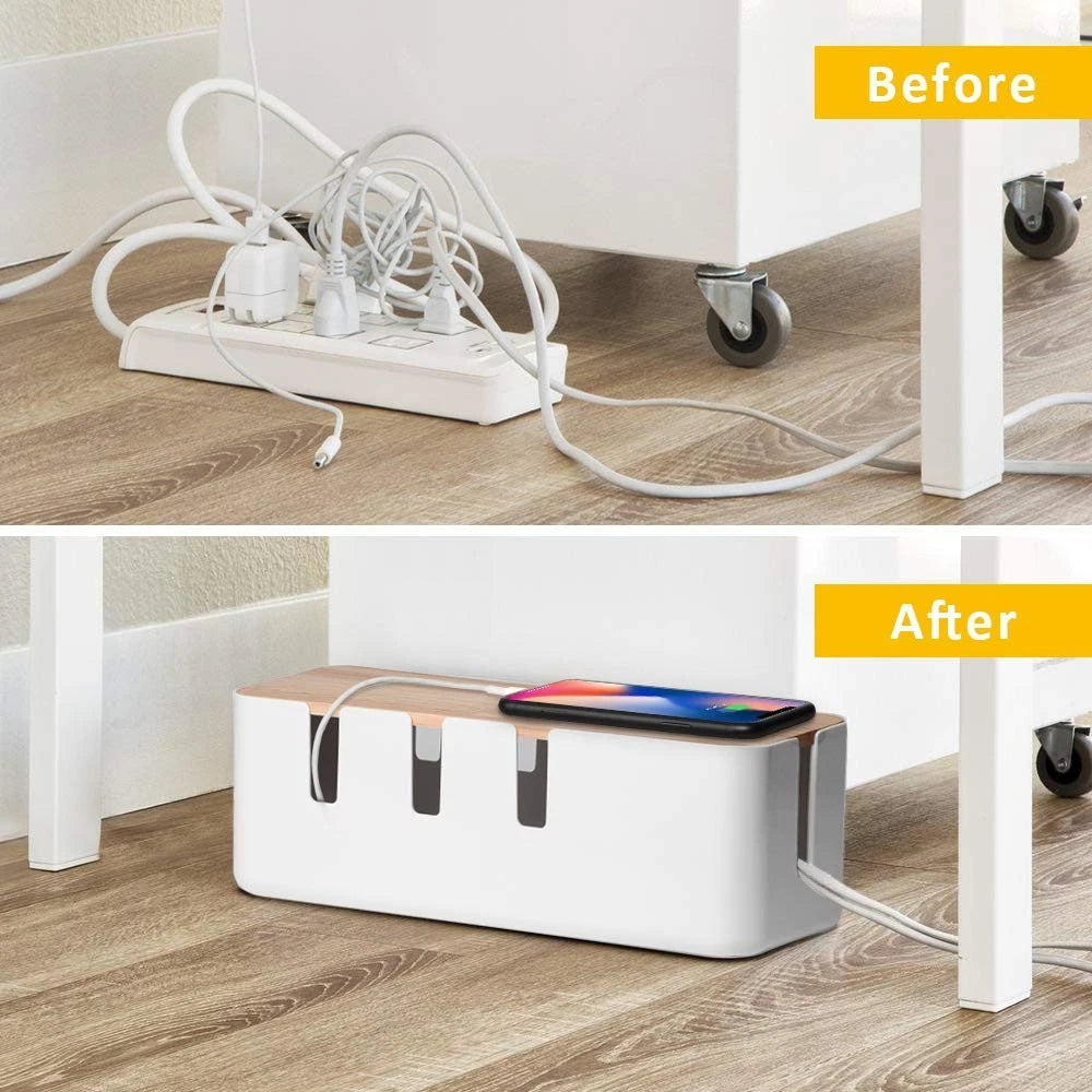 Cable Management Box by Baskiss, 12x5x4.5 inches, Wood Lid, Wire White