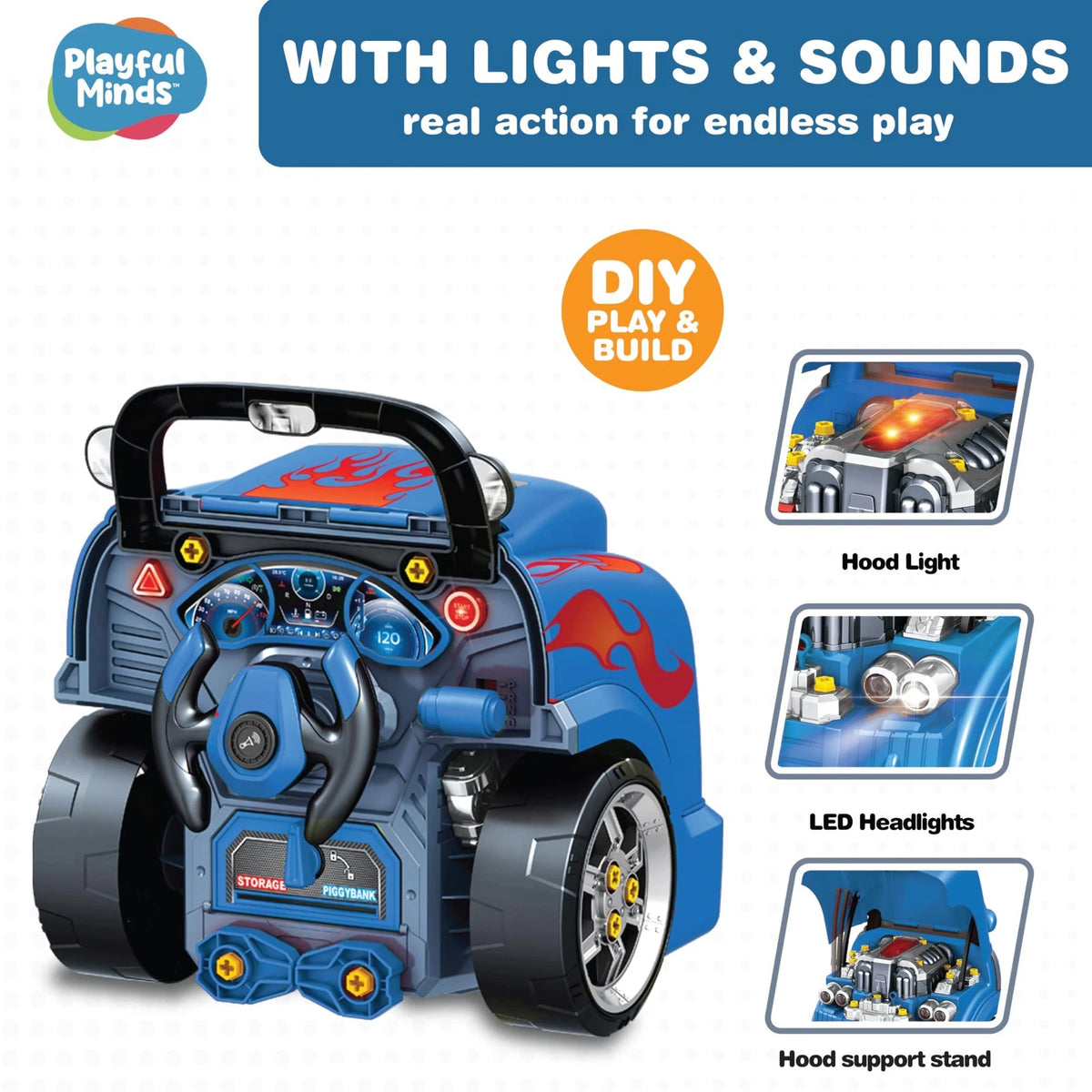 Playful Minds Interactive Large Truck Engine Toy for Kids – Large, Blue