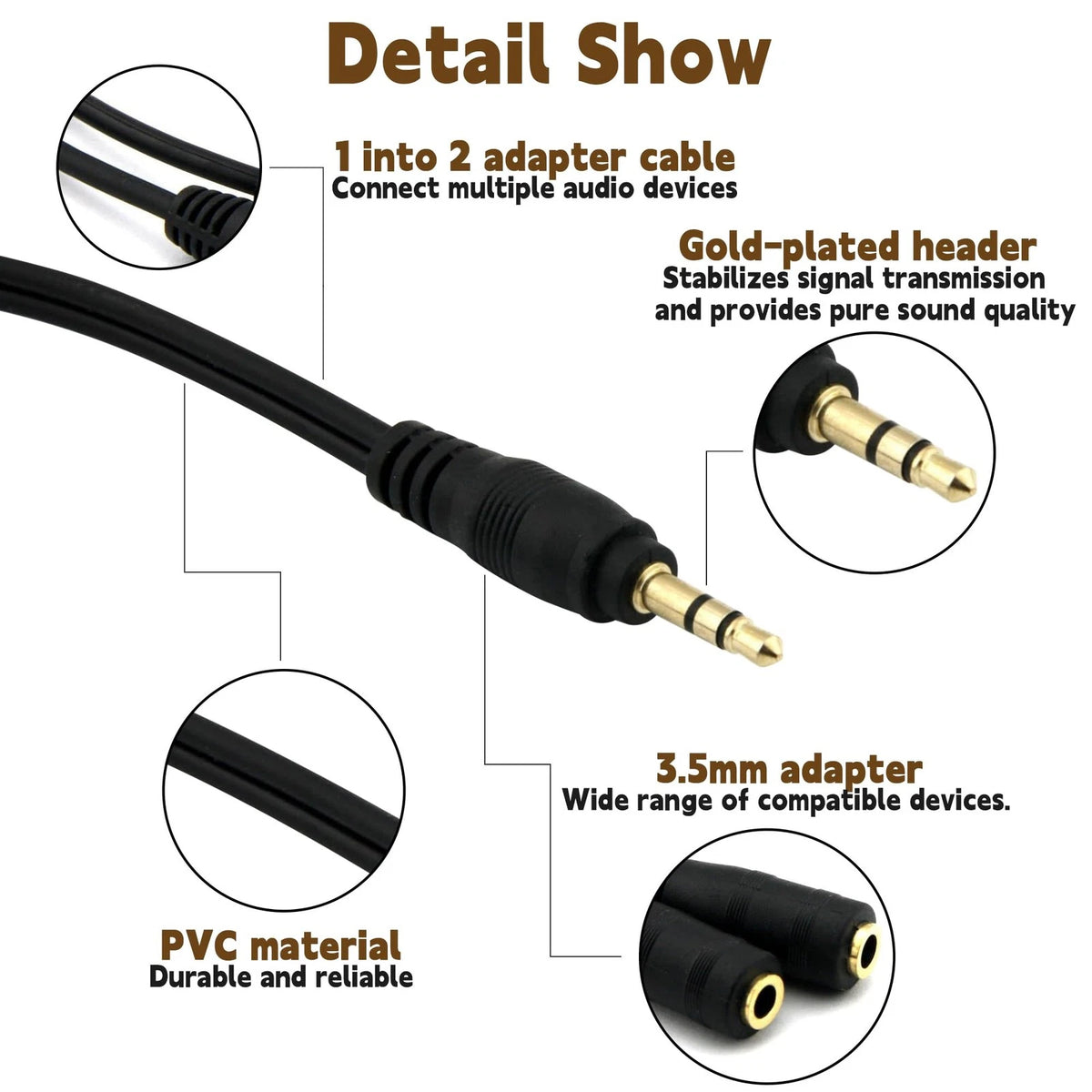 ONXE 2-Pack Gold Plated 3.5mm Stereo Jack Splitter 4 x 0.3 x 1 inches, black