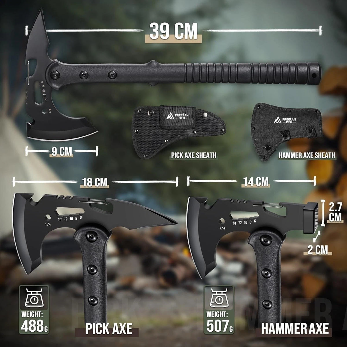 Freelander Tactical Axe 2 Pack, Sharp Tomahawk with Sheath, Portable Black