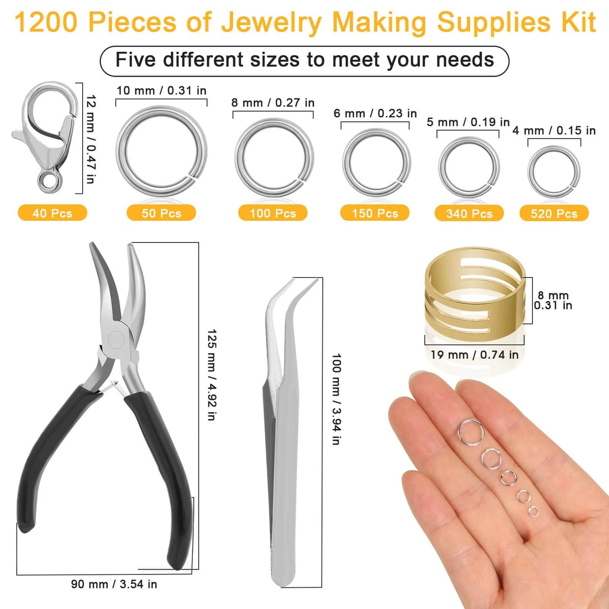 Anezus 1200PCS Jump Rings for Jewelry 4 mm, 5 6 7 8 Silver