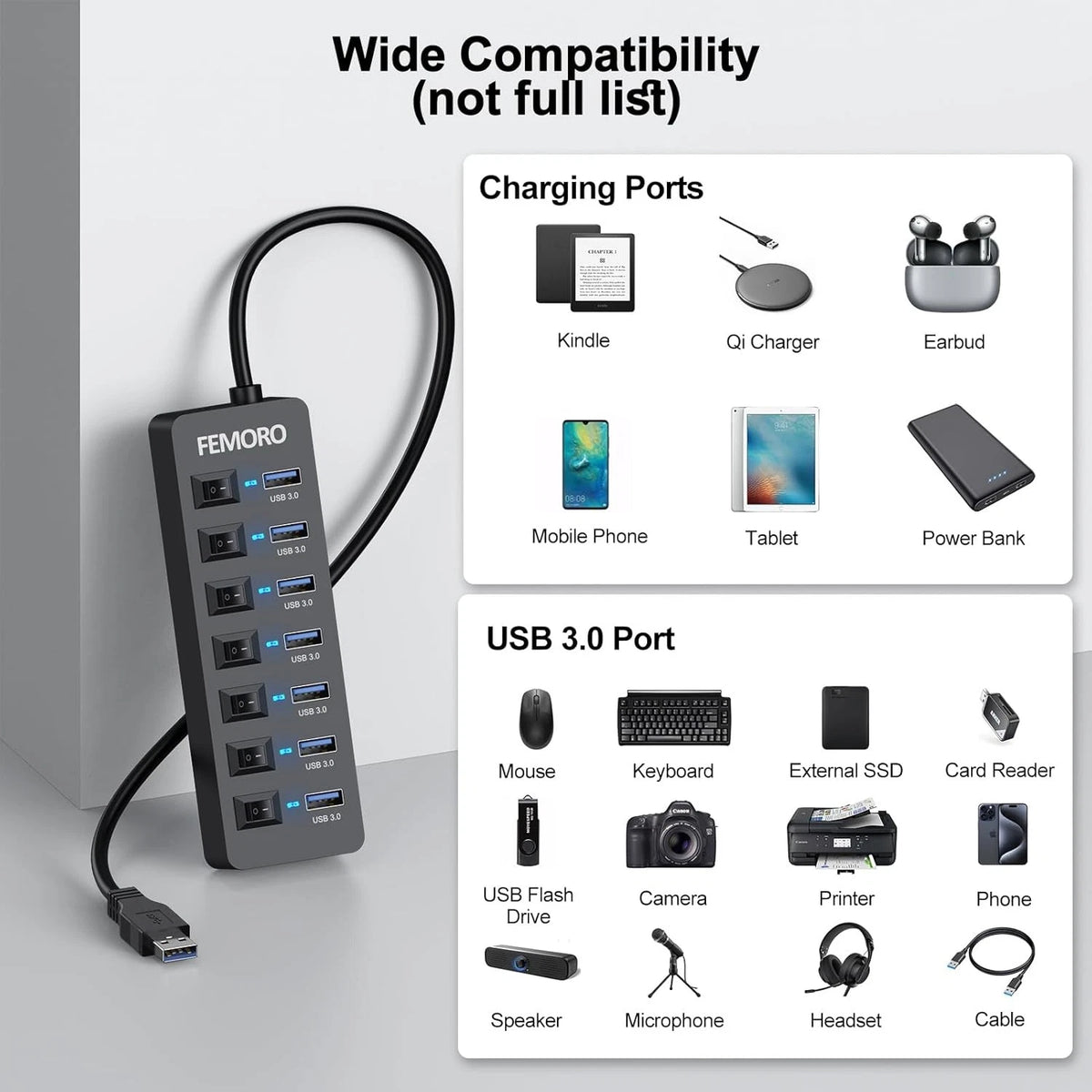 Powered USB Hub 3.0, 5Gbps Data Transfer 7 1 Pack, 7 3.0 +1 Charging