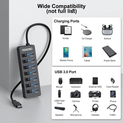 Powered USB Hub 3.0, 5Gbps Data Transfer 7 1 Pack, 7 3.0 +1 Charging