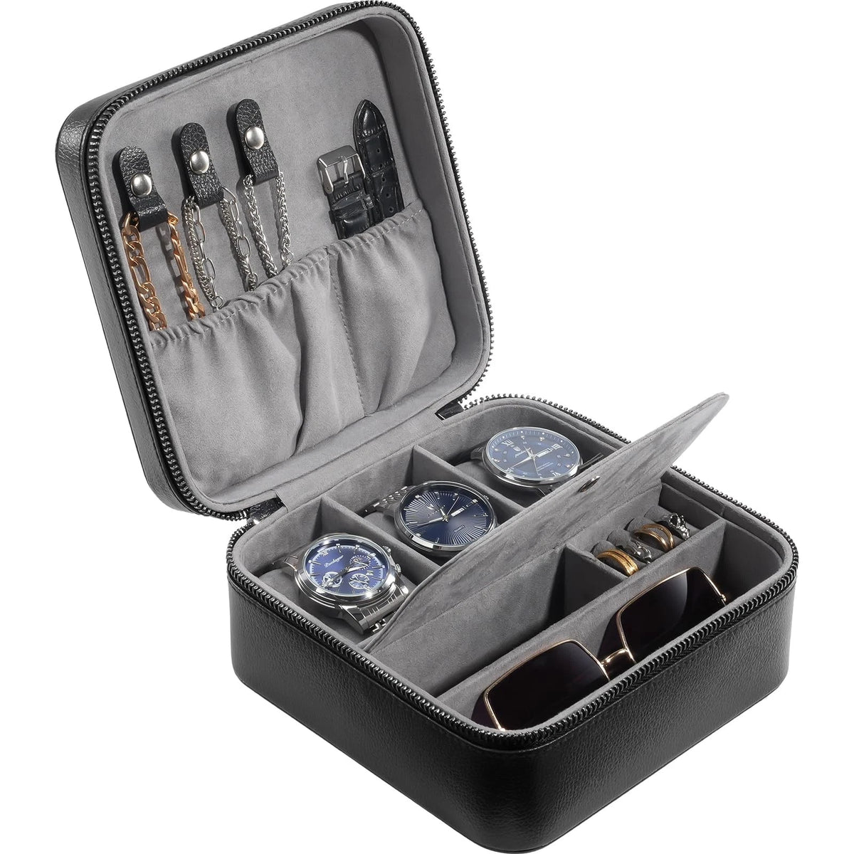 ProCase Travel Watch Case, 3 Slots PU Leather Mens Jewelry Box, 3-Slot, Black