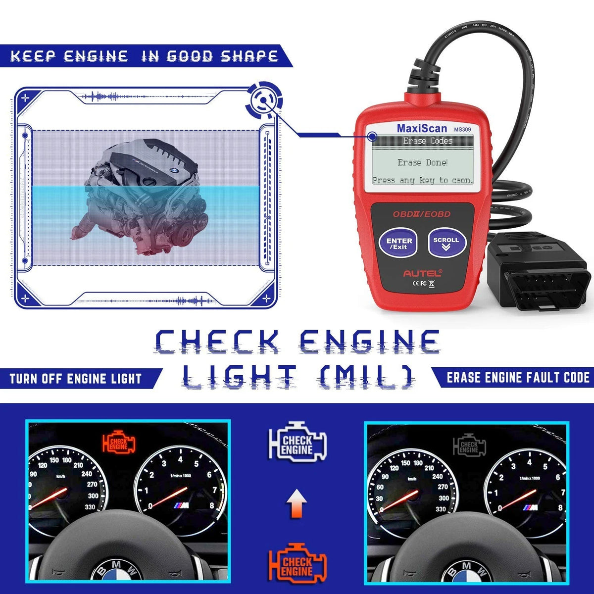 Autel OBD2 Scanner MS309 Universal Car Engine Fault Code Reader, Check S, Red