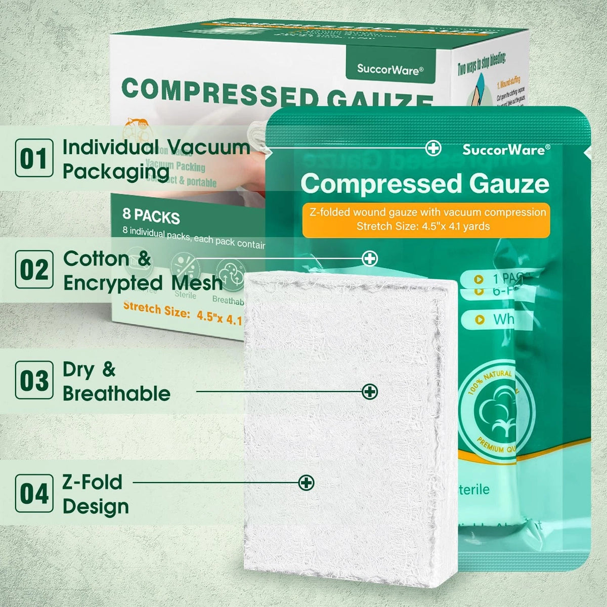 SuccorWare 8 Packs Sterile Compressed Gauze with Z-Folded - 4.5" x 4.1 yards