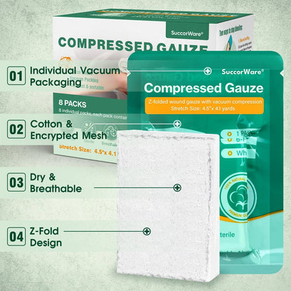 SuccorWare 8 Packs Sterile Compressed Gauze with Z-Folded - 4.5" x 4.1 yards