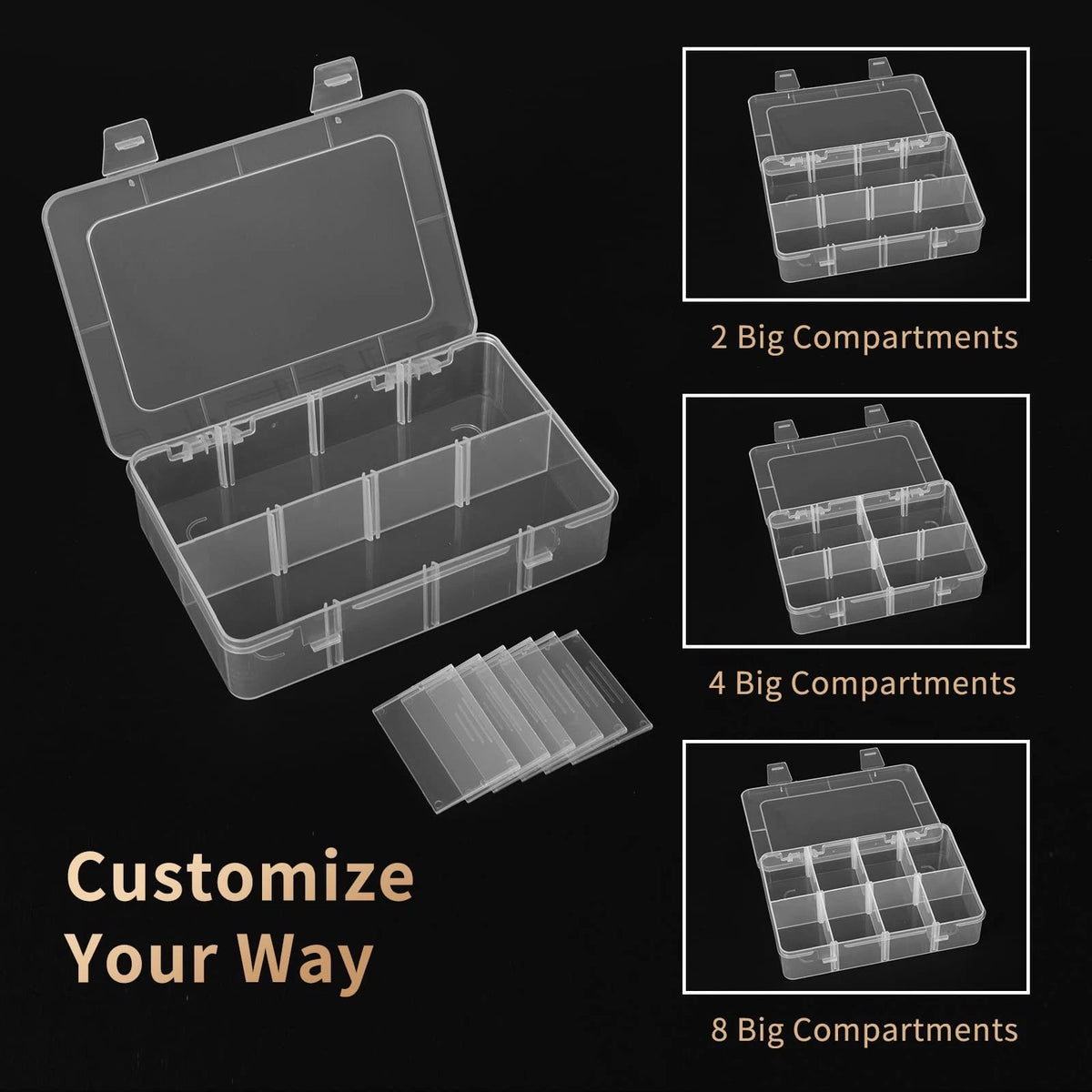 QUEFE 2 Pack 8 Grids Bead Organizers and Storage, Plastic 2pcs, clear