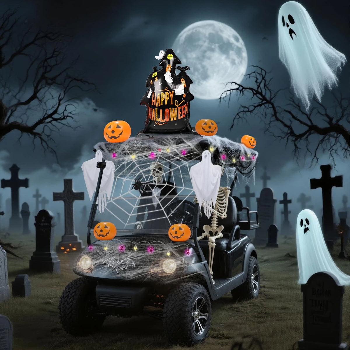 Halloween Golf Cart Decorations Kit 27.5 x 47.2 inches, White, Black, Orange