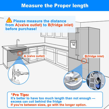 Refrigerator Water Line Kit - 8 FT with Tee Stop Valve for 8 FT, Silver