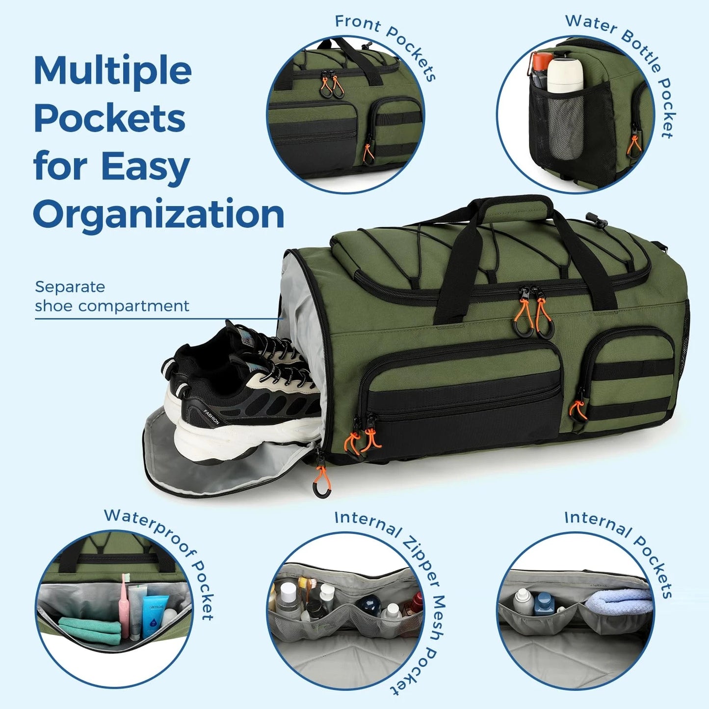 Searock 45L Gym Bag for Men, 3-In-1 Duffle Backpack Travel, Green