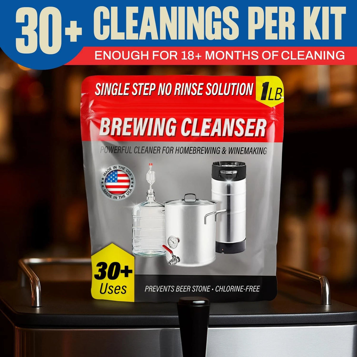 Kegerator Cleaning Kit with 1 LB Beer Line Cleaner Made in USA – 30+ White