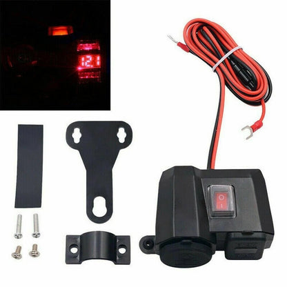 Motorcycle Cigarette Lighter 12V Dual USB Charger LED Digital Voltmeter Socket E